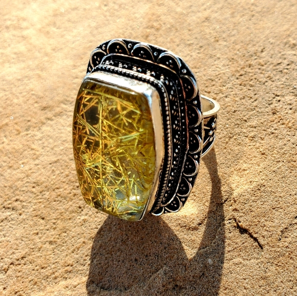 New Huge Gold Rutilated Quartz 925 Silver Ring. - Picture 3 of 12